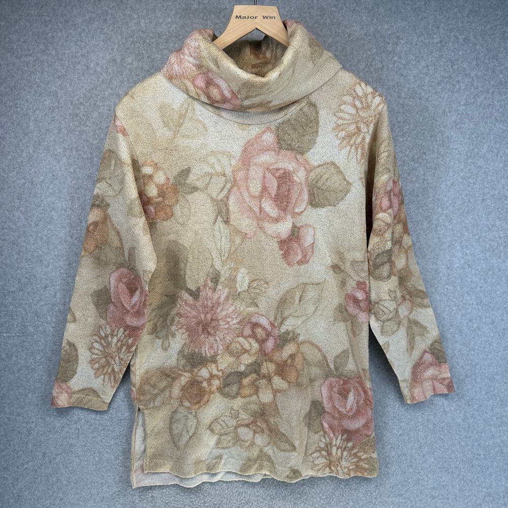 Gabriella T. Sweater Womens Size S Beige Floral Metallic Wool Blend Turtleneck